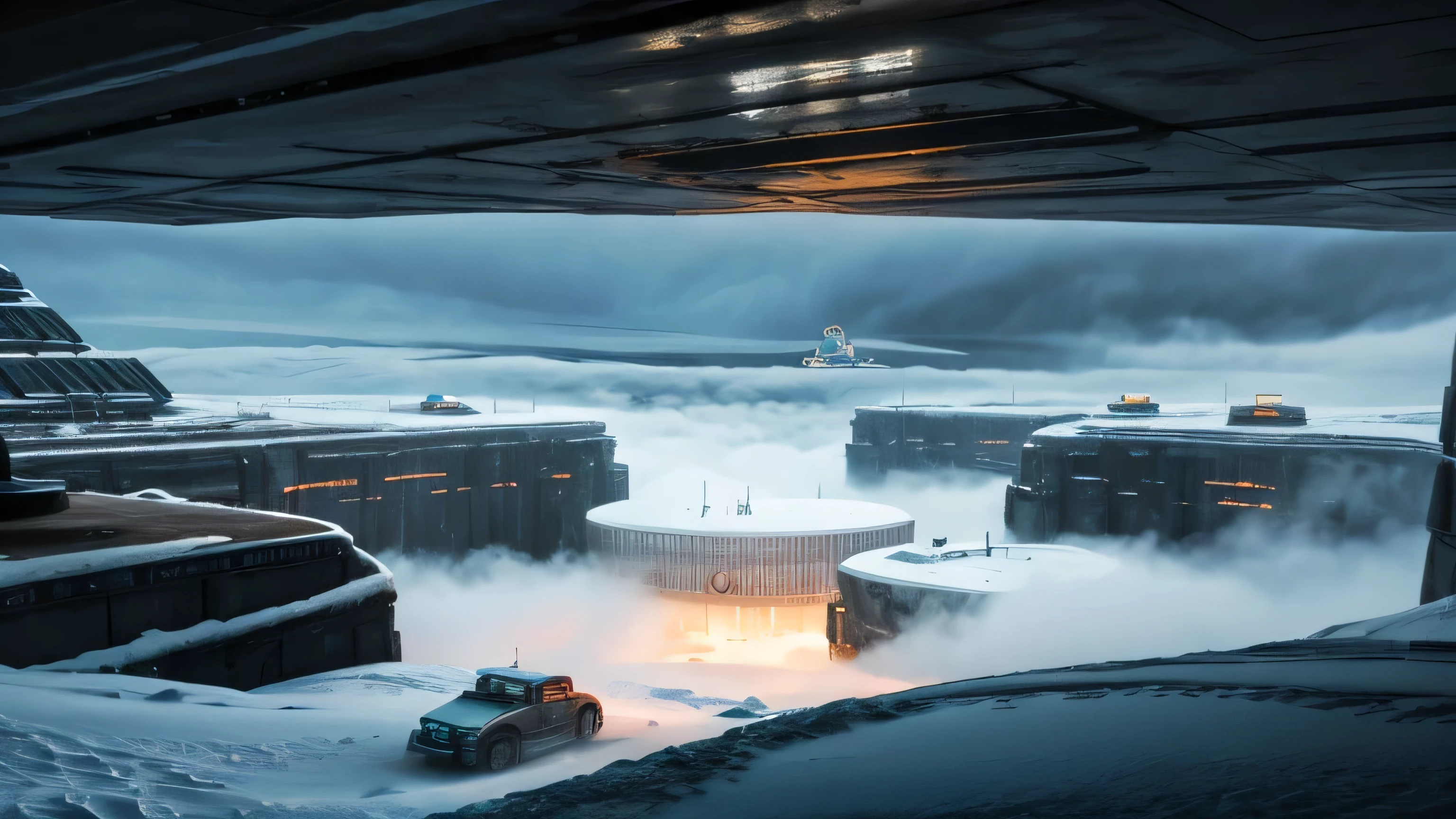 looking down on a massive scale, futuristic, Sci fi ice mining base, poluted, desolate and run down, abandoned, distopia, in dark stormy, wintery, fog, misty weather at night, 3d concept art