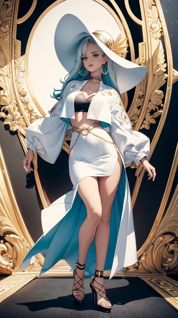 ((detailed)), ((high resolution) adult woman, actress, white-haired, cyan eyes, black mermaid dress, white crop top jacket, gold hoop earrings, black high heels, white wide-brim sun hat, red carpet background