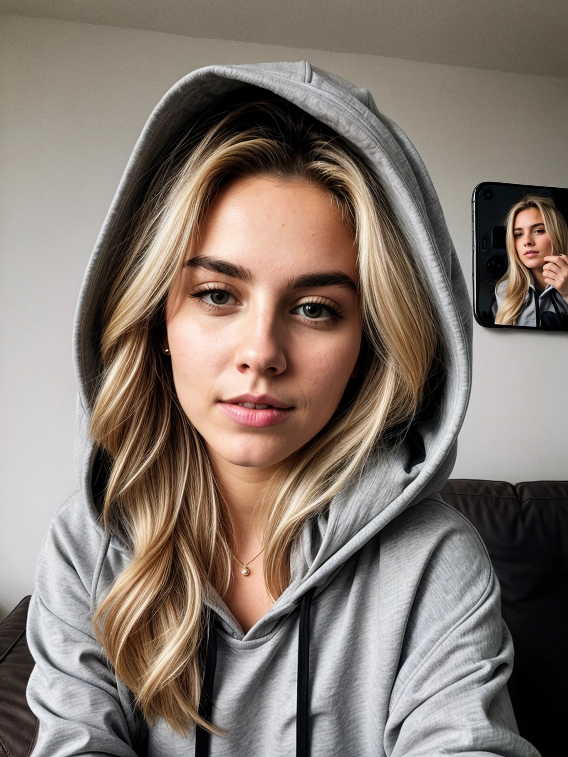 A 23-year-old blonde woman, ((hyperrealism)) , holding from under perspective, close-up view from underneath. blonde hair with dark brown roots. fake blonde, Hair with brown roots, cabello muy largo, really long hair, ponytail hair, Beautiful, , ((selfie)), photo taken with iPhone.sitting on a couch, white wall behind, selfie, high quality, selfie iPhone, with shirt on. ((grey hoodie with hood on))