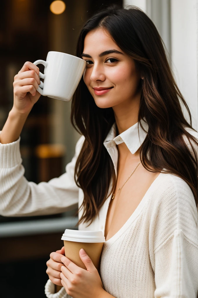 ((best quality)), ((masterpiece)), (detailed), 1girl, woman holding coffee cup