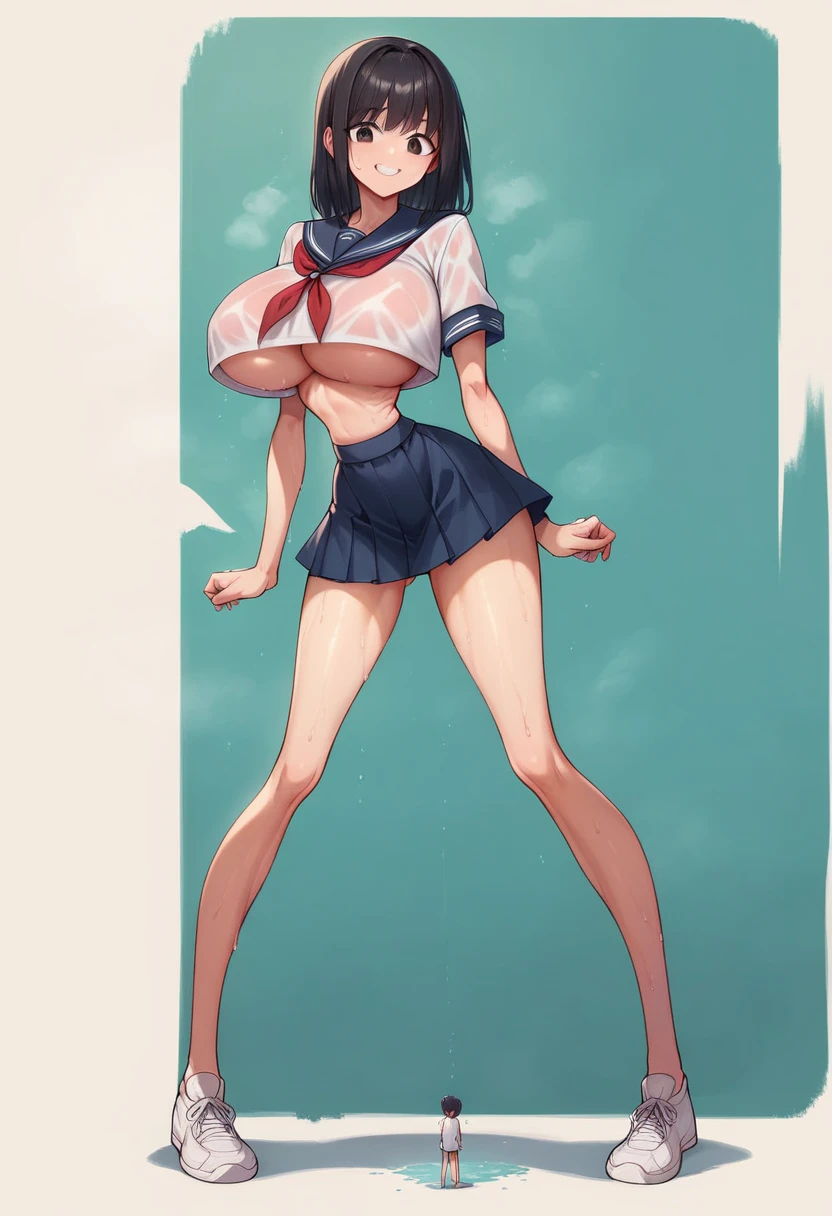 (masterpiece, best quality), front shot, 1girl, kawaii, (micro waist, super big breasts, very long legs:1.5), Very elongated thin body, short height, scrawny, tiny cute thin face, detailed face, cute smile, mini skirt, Tight serafuku, shows under boob, white sneakers, pigeon-toed, wet sweaty, visible ribs, ((Black medium hair)), Cowgirl play