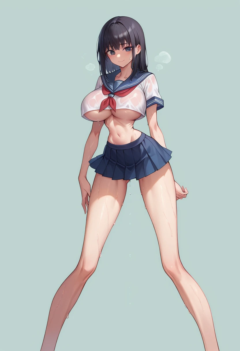 (masterpiece, best quality), front shot, 1girl, kawaii, (micro waist, super big breasts, very long legs:1.5), Very elongated thin body, short height, scrawny, tiny cute thin face, detailed face, cute smile, mini skirt, Tight serafuku, shows under boob, white sneakers, pigeon-toed, wet sweaty, visible ribs, ((Black medium hair)), Cowgirl play