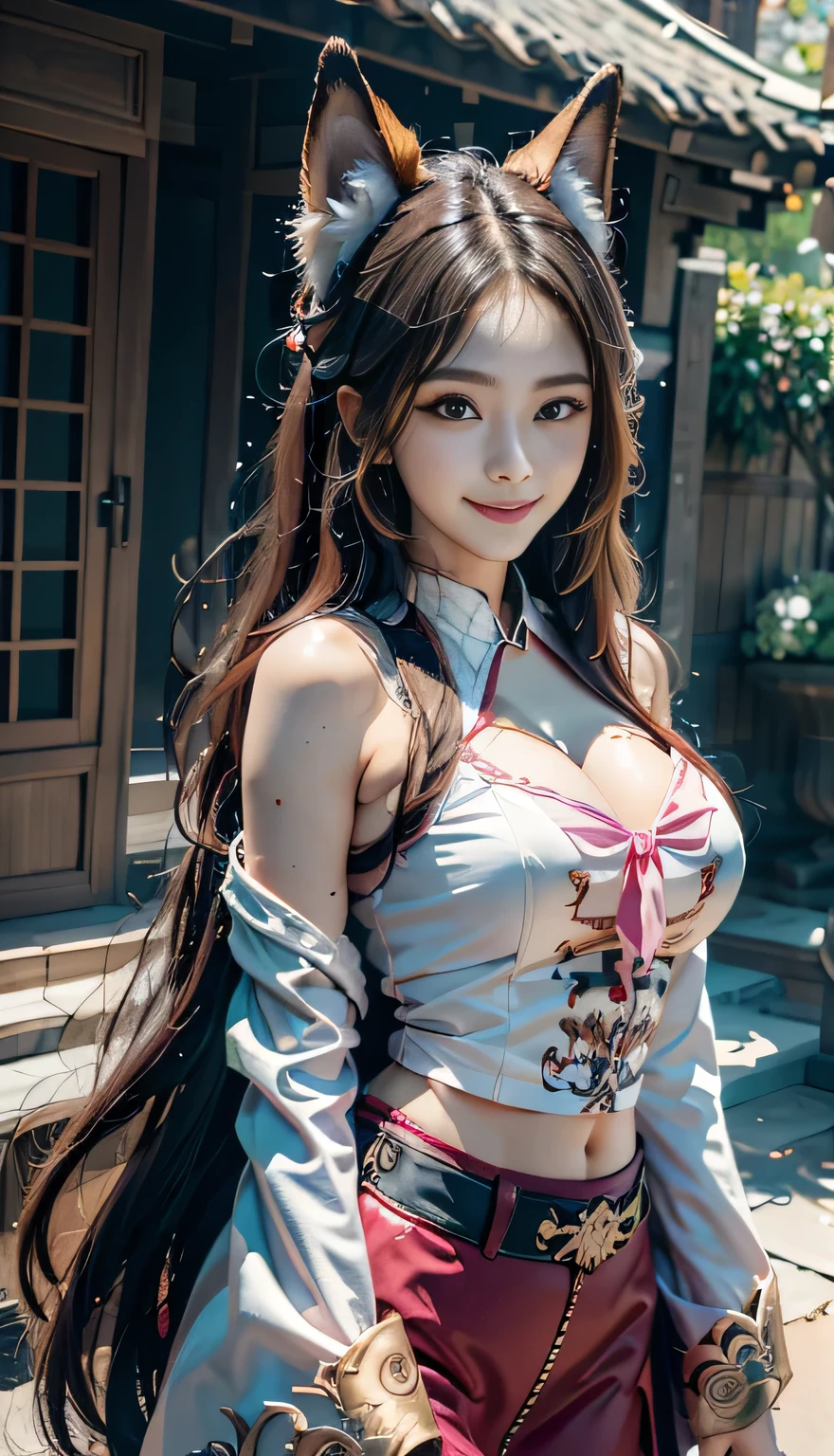 1 Girl,Solitary, Official Art of Happy Smile, Unity 8K wallpaper, Extremely detailed, beautiful and aesthetic, beautiful, masterpiece, best quality, Fox Demon, Fox Mask, Pink and white haori jacket, Foxfire Curse, Fox is familiar, Transformation,Depth of Field