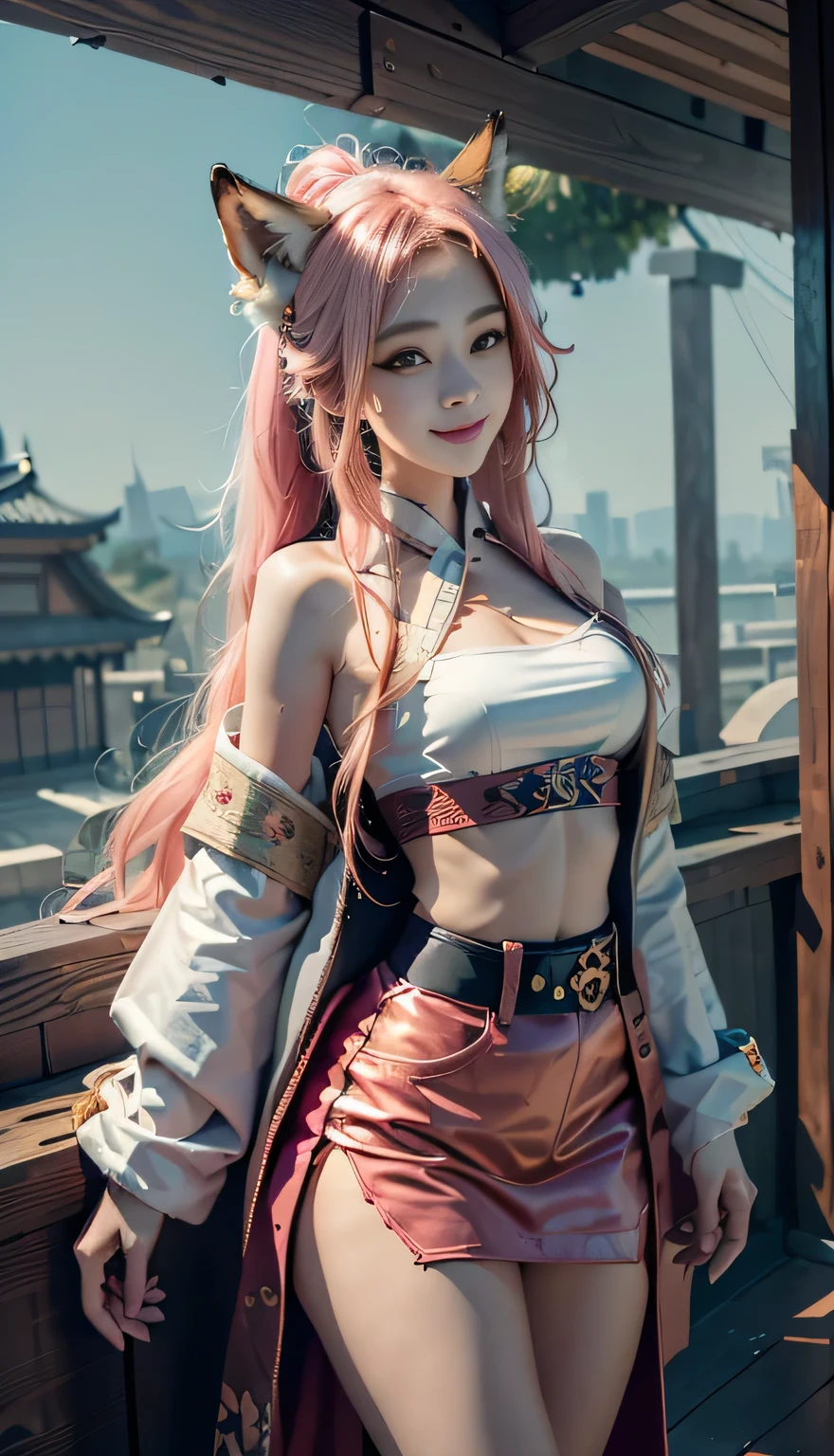 1 Girl,Solitary, Official Art of Happy Smile, Unity 8K wallpaper, Extremely detailed, beautiful and aesthetic, beautiful, masterpiece, best quality, Fox Demon, Fox Mask, Pink and white haori jacket, Foxfire Curse, Fox is familiar, Transformation,Depth of Field