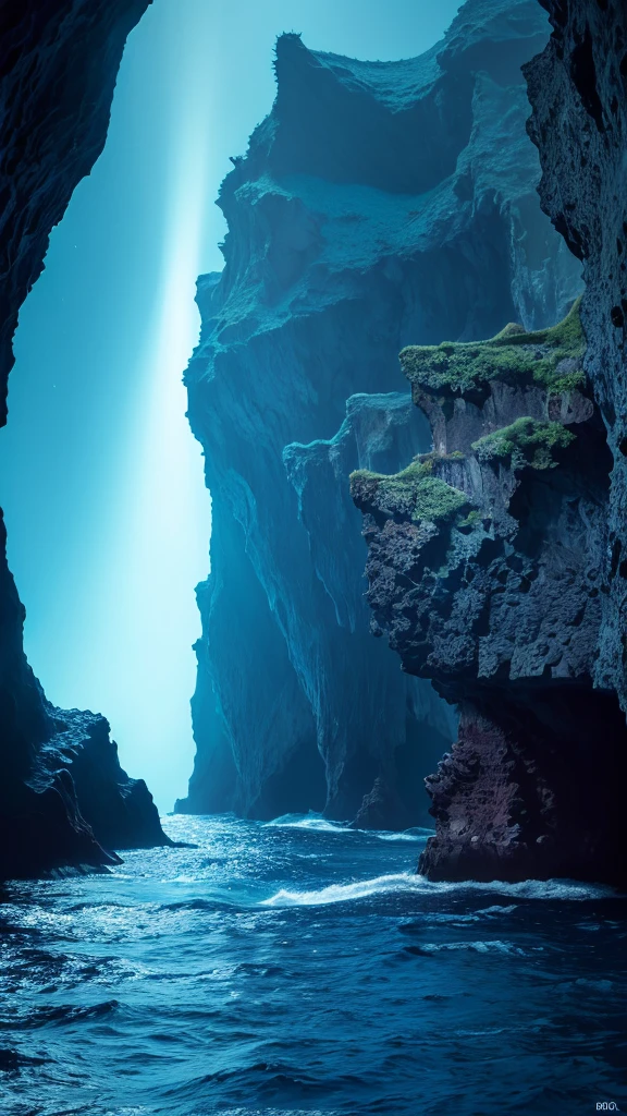 ((a deep sea world where light cannot reach)), dark blue and purple colors dominate, with bioluminescent deep-sea creatures scattered throughout, massive rock formations and eerie swaying seaweed, cliffs at the edges of the frame, (best quality,4k,8k,highres,masterpiece:1.2),ultra-detailed,(realistic,photorealistic,photo-realistic:1.37),extremely detailed deep sea landscape, dark blue and purple color tones, bioluminescent deep sea creatures, towering rock formations, swaying kelp and seaweed, dramatic cliff edges, cinematic lighting, realistic ocean textures