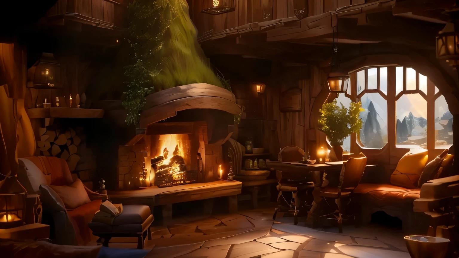 there is a fireplace in a room with lots of wood, in the fantasy tavern by the fireplace, a multidimensional cozy tavern, FantasyStyle 8 k octane rendering, cozy enchanted scene, in your hobbit house, (octane rendering) FantasyStyle, cozy place, 3D stylized scene, cozy envirnment, fantasy tavern background, inside a hobbit hole, detailed textures and lighting