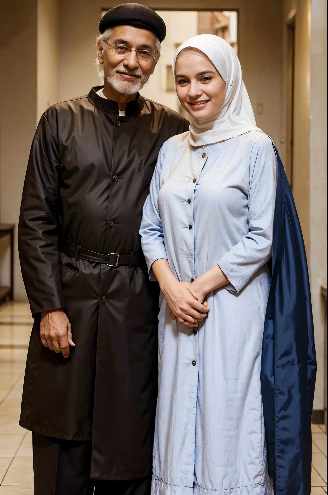 Old Muslim couple, both white-skinned. The man is taller than the woman.. They are both happy.