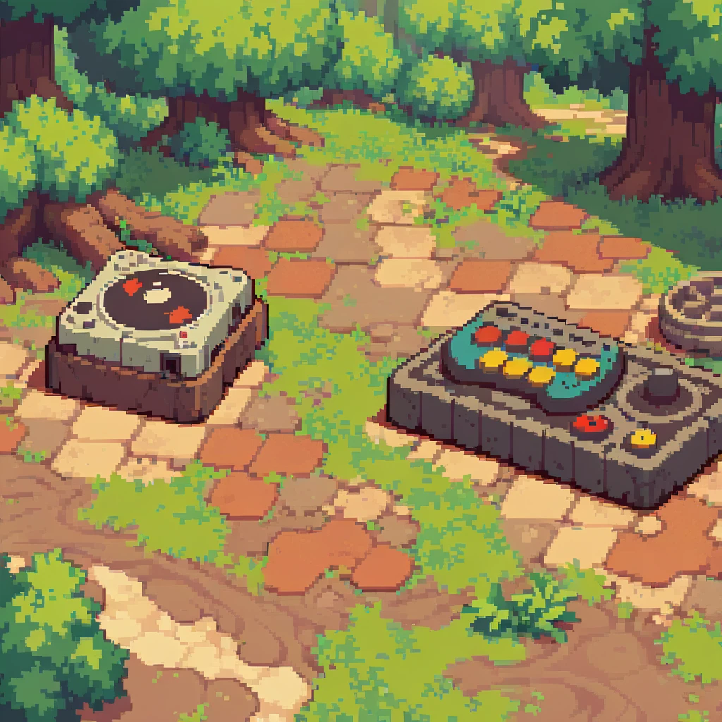 retro video game style,pixelated graphics,vibrant colors,8-bit characters,blocky shapes,sharp lines,detailed shading,classic gaming vibe,nostalgic atmosphere,classic arcade games,masterpiece:1.2,ultra-detailed,illustration style, 2d texture, clay texture, stone texture, 4 k seamless mud texture, video game texture, dirt texture, tileset, game tiles, clay material, flat texture, grass, trees, rock texture, rocky ground, forest, topdown view, game texture, game art, ground very detailed, dirt, floor texture, tileable texture, flowers, bushes, shrubs, intricate ground stone, top down view, 3/4th perspective