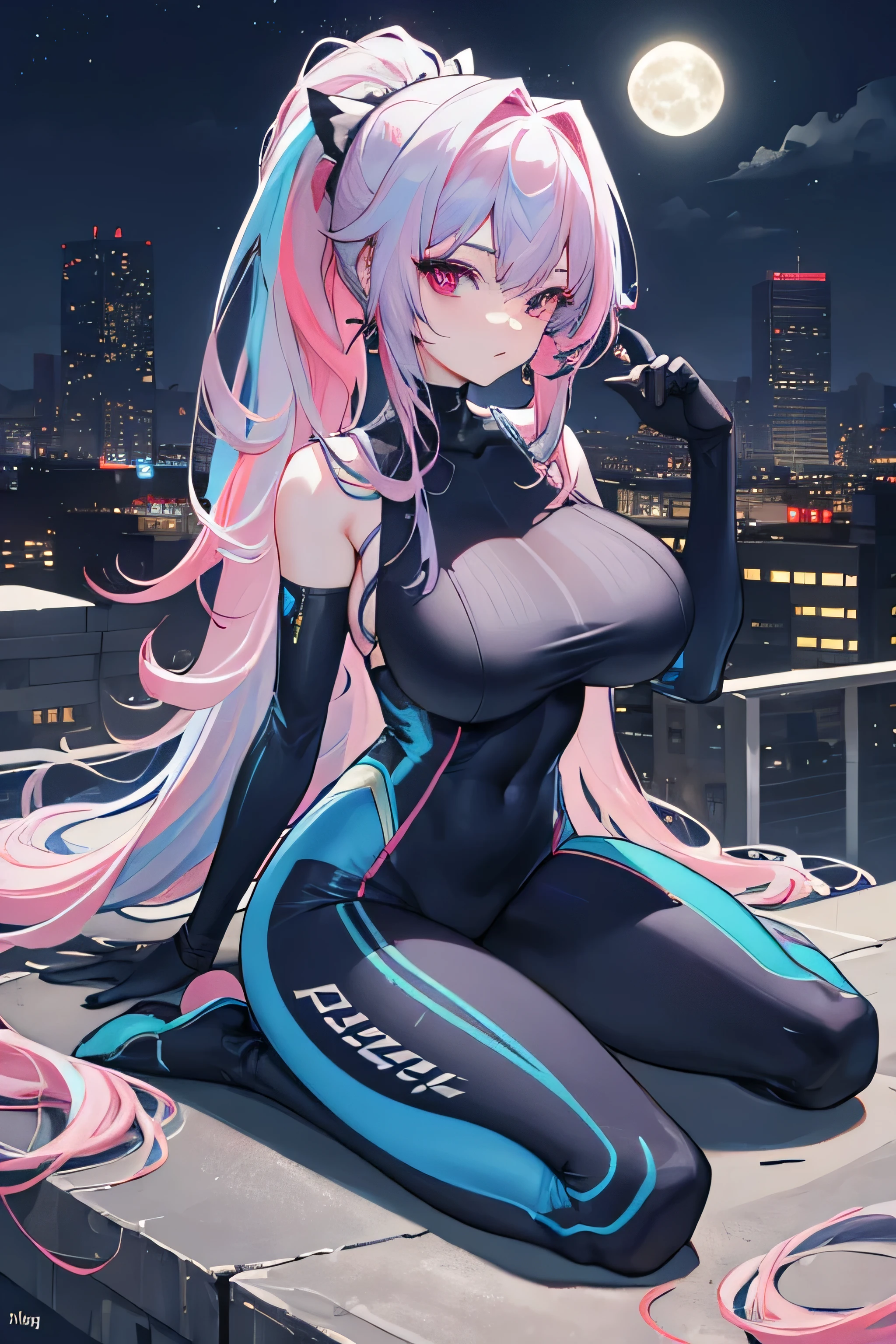 full body, masterpiece, 8k, ultra HD, sharp focus, details hair, beautiful hair, details face, beautiful detail eye, details pupil, perfect hand, vibrant colours, soft lighting.
1girl, long hair, hair accessory, twin ponytail, (light blue-pink hair), dark red eyes, large breast, white-blue bodysuit, tight bodysuit, blue line bodysuit, tech bodysuit, pussy line, sit on top of building .
night scenery, city, top of building, full moon, Star fall.