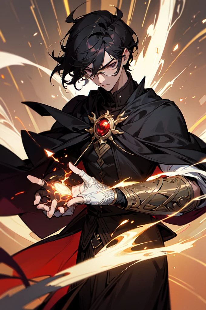 masterpiece, best quality, 1 male, young, tall muscular, handsome, finely detailed eyes, intricate details, black hair, short hair, evil face, solo, upper body, detailed dark shadow background, detailed face, good sorcerer, color magical robes, determined expression, white color scheme, dark crimson light, glowing magical runes, realistic lighting, floating particles, sparks, surrounded by gold lightning red arcane symbols, corrupted by eldritch power, bloom, glasses, gloves
