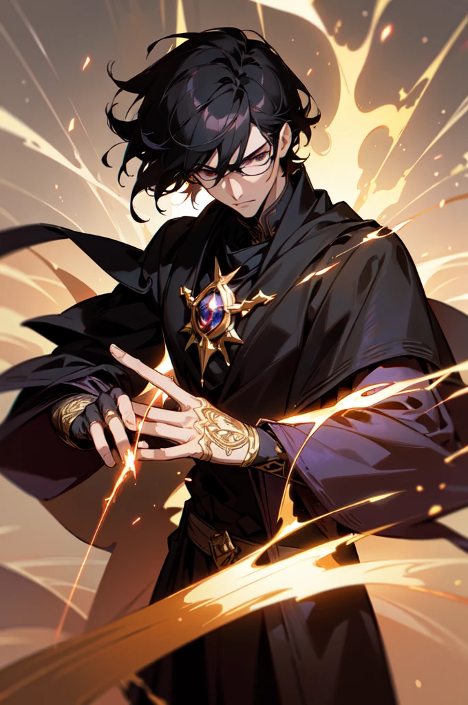 masterpiece, best quality, 1 male, young, tall muscular, handsome, finely detailed eyes, intricate details, black hair, short hair, evil face, solo, upper body, detailed dark shadow background, detailed face, good sorcerer, color magical robes, determined expression, white color scheme, dark crimson light, glowing magical runes, realistic lighting, floating particles, sparks, surrounded by gold lightning red arcane symbols, corrupted by eldritch power, bloom, glasses, gloves