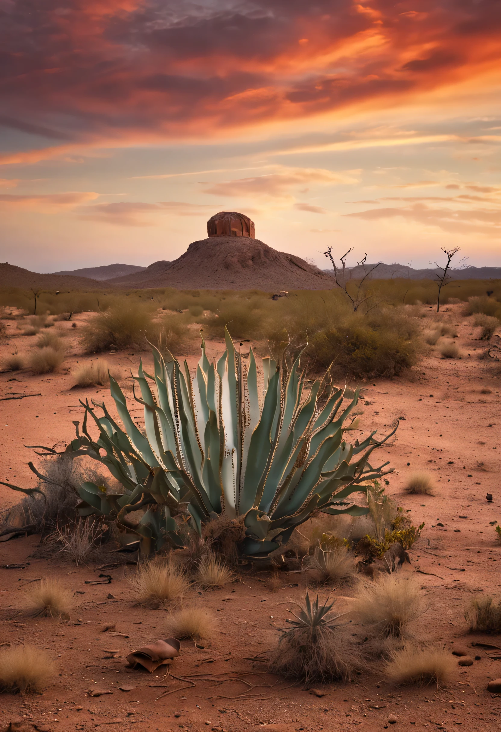 Safe del tesoro encerrado en la distancia en el paisaje, Safe, top-hat, leather hat, Cactus plants in a desert area with a sky background, Caatinga, desert landscape, Desert landscape showing a treasure chest.