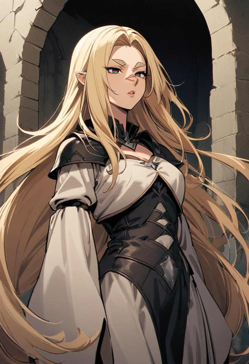 Simple medieval fantasy clothing, Female, Human, 37 years old, endomorphic body, medium tone skin, sandy blond hair, very long hair length, simple hairstyle, triangular face shape, slanted eyes, full lips, medium eyebrows, soft arch eyebrows shape, small nose size, Greek nose shape, scar.