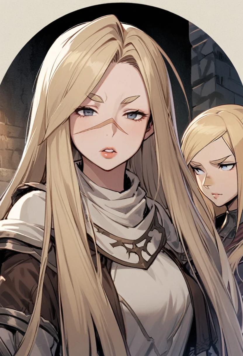 Simple medieval fantasy clothing, Female, Human, 37 years old, endomorphic body, medium tone skin, sandy blond hair, very long hair length, simple hairstyle, triangular face shape, slanted eyes, full lips, medium eyebrows, soft arch eyebrows shape, small nose size, Greek nose shape, scar.