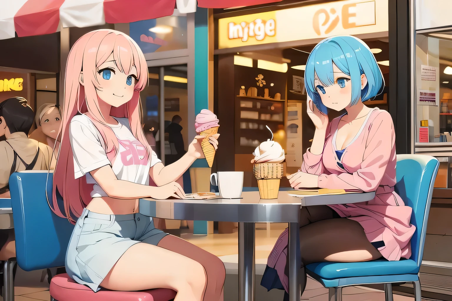 Two Girls, the "Left Girl with Long Light Pink Hair and Casual Short Outfit, FOCUS ID IMAGE CPIFKKTE878C73D78QEG", and the "Right Girl with BIG CHEST, Small Blue Hair and Clothing a LOW-CUT DRESS, FOCUS ID IMAGE CPIGA65E878C73ETEKU0"; are sitting on chairs in an ice cream shop in a shopping mall. The Girl with Light Pink Hair is eating an ice cream and the Girl with Blue Hair is ASLEEP.