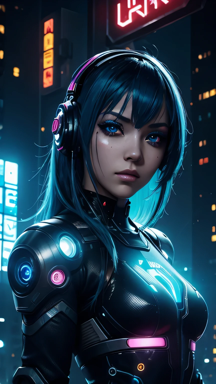 cyborg girl, robot hand, black eyes, cyberpunk city background, neon light, blue hair, masterpiece, ultra high details