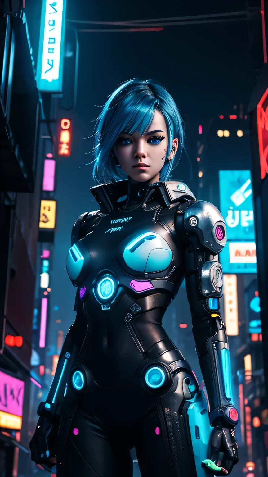 cyborg girl, robot hand, black eyes, cyberpunk city background, neon light, blue hair, masterpiece, ultra high details
