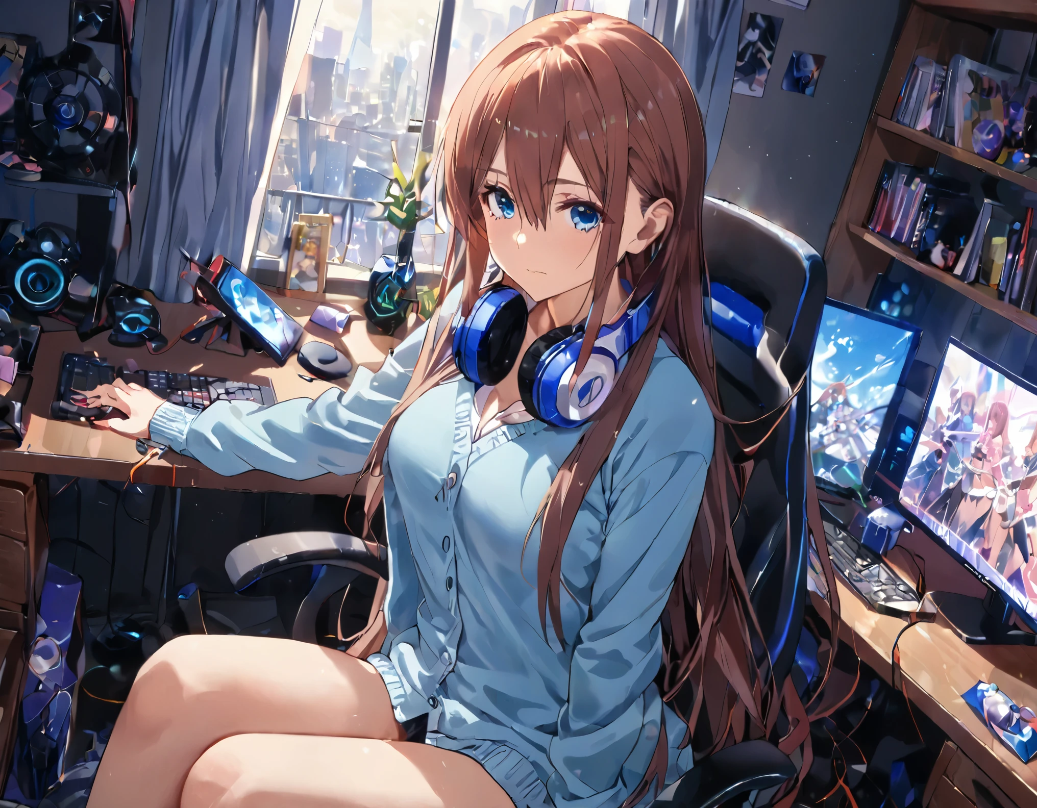 (A girl lounging in her bedroom), (a PC monitor turned on, a gaming chair), (a cluttered room), (fetal position), (perfect face), Sparkling, (masterpiece, best quality), (absurdres absolutely resolution), (8k), (detailed illustration), (super fine illustration), (professional lighting), (vivid color), detailed beatiful face, detailed beatiful eyes, detailed beatiful hair, perfect body, perfect hands, dynamic pose, dutch angle}, , looking at view, ermikunakano,, miku nakano, long hair, bangs, blue eyes, brown hair, shirt, hair between eyes, cardigan, headphones around neck, mature female, medium breasts
