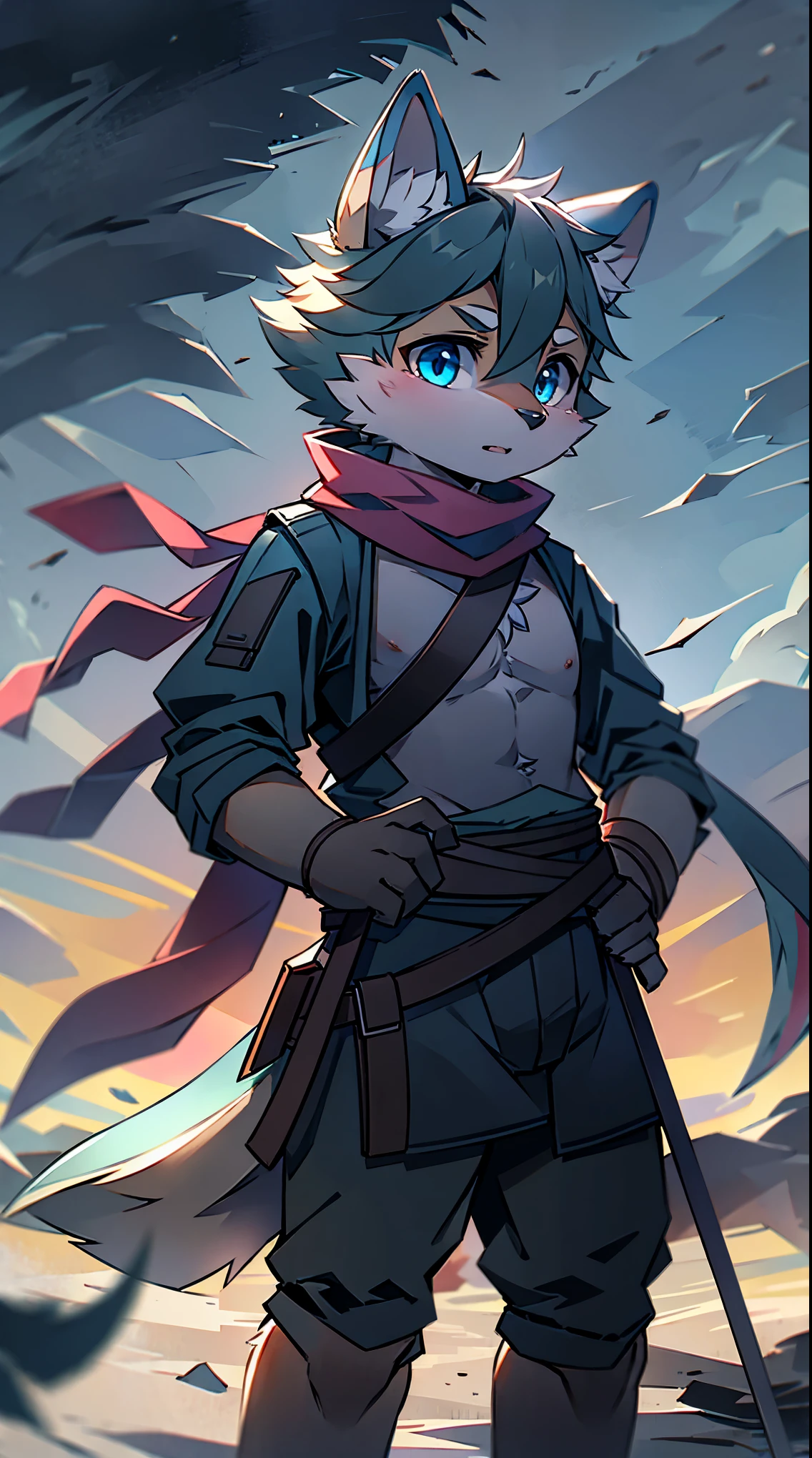 Wolf,juvenile,male,Gray-black fur,Sky blue eyes,Black combat uniform,scarf,Holding a long sword,scabbard,Draw the sword,permanent,The only one,dawn,illumination,Break,bust