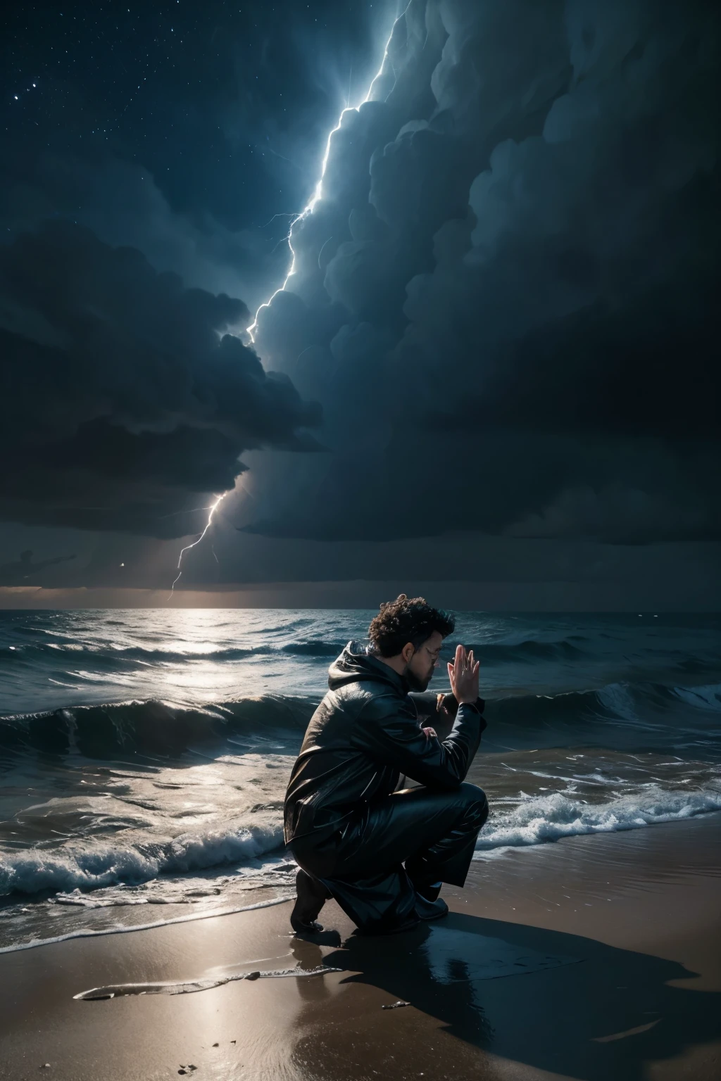 

1. **Opening scene**: one caracter (representing the poet) on his knees, looking at the sky with an expression of anguish and hands raised in supplication.

2. **natural elements**: A rough sea with high, turbulent waves, symbolizing the tumult and tumult of life.

3. **Stars and storms**: Bright stars and dark storm clouds, representing the cosmos in all its vastness and the power of nature.

4. **Divine action**: Rays of divine light descending from the sky towards the sea and the natural elements, as if they were heavenly interventions to cleanse and restore order.

5. **Symbols of justice and freedom**: Perhaps symbolic figures of free people or broken chains, suggesting the search for justice and freedom, central themes in Castro Alves&#39; work.

