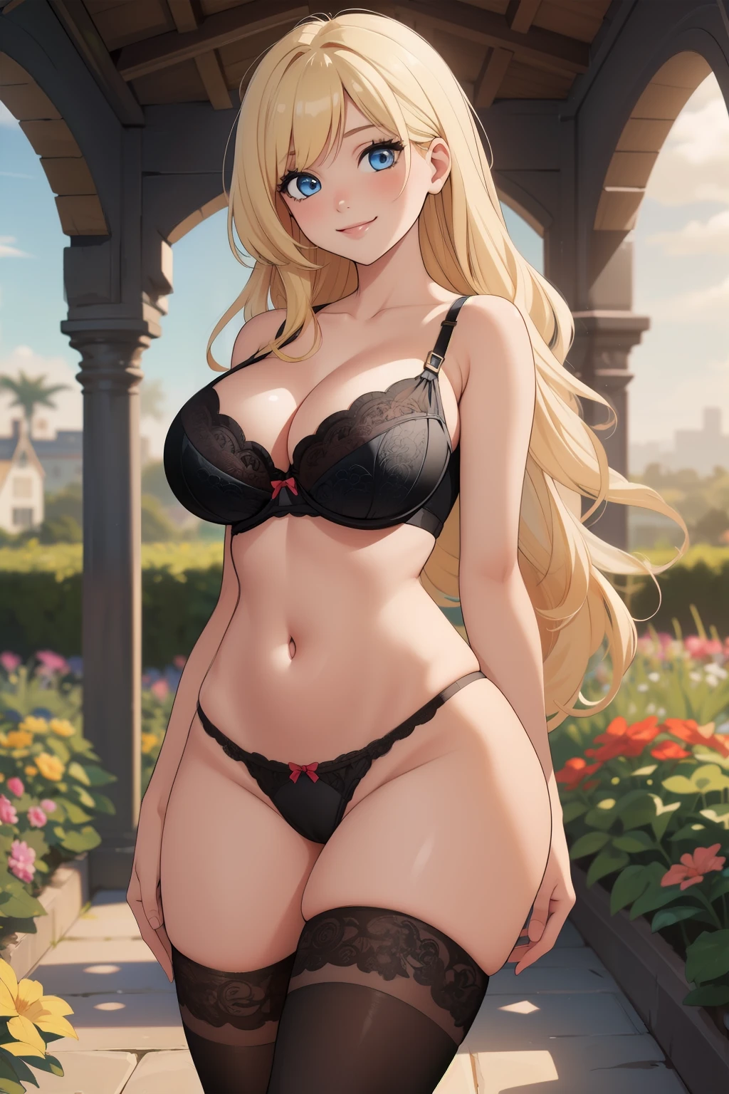 ((best quality)), ((masterpiece)), (intricate details, hyperdetailed:1.15), girl, half body, long blonde hair, blue eyes, sexy smile, (curvy:0.7), large breasts, cleavage, black bra, wide hips, black panties, black thighhighs, garden, natural light