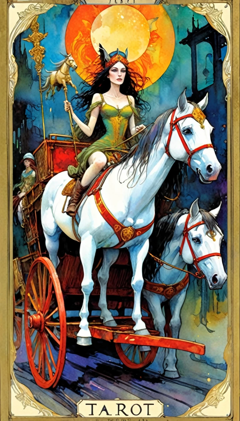 ((tarot card)) ((card frame)) , the chariot,woman in a cart pulled by two horses, artwork artwork by Bill Sienkiewicz, vivid colors, intricate details, oil.