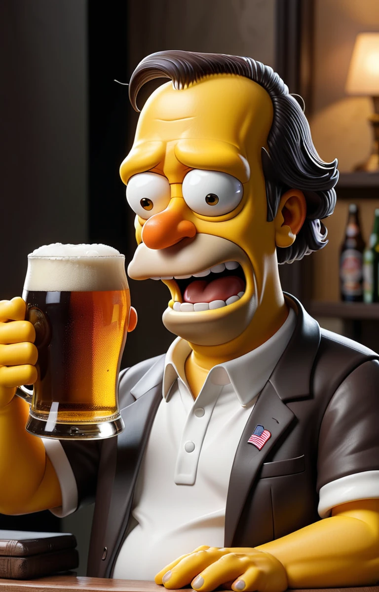 homer simpson featured, with a glass of beer, dark hair imitating Donald Trump's signature hairstyle. central figure, different mimicry, focus on recognizable hair