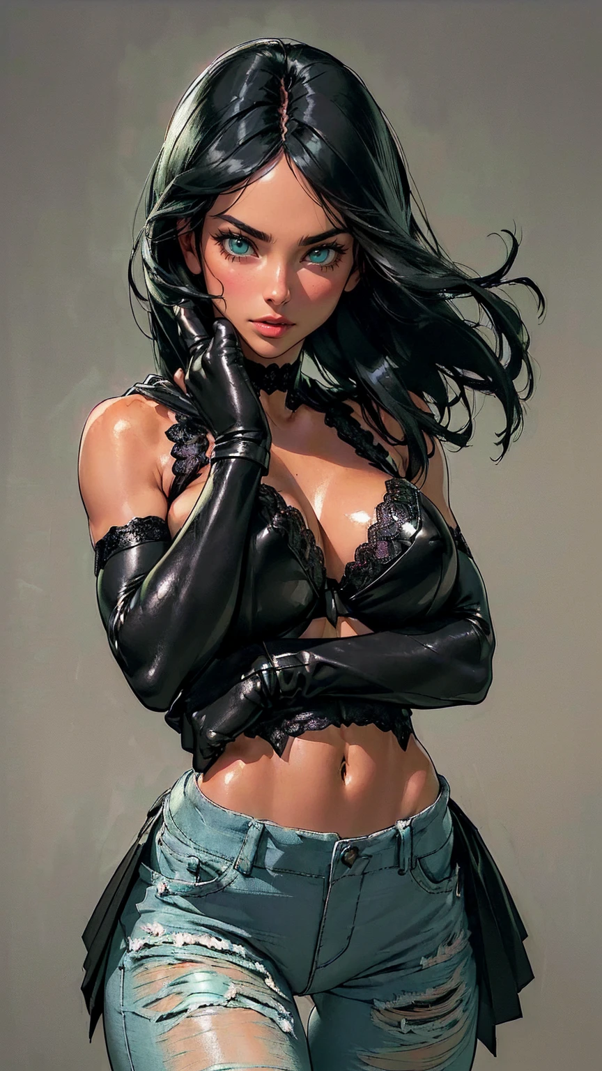 (((1 girl,  cute, (full breasts), black leather pleated skirt, black lace bra, jeans, black elbow Gloves, jet black hair, straight hair,  side parted hair, green eyes))), (((short, straight jet-black hair))), 
dynamic poses, realistic style,