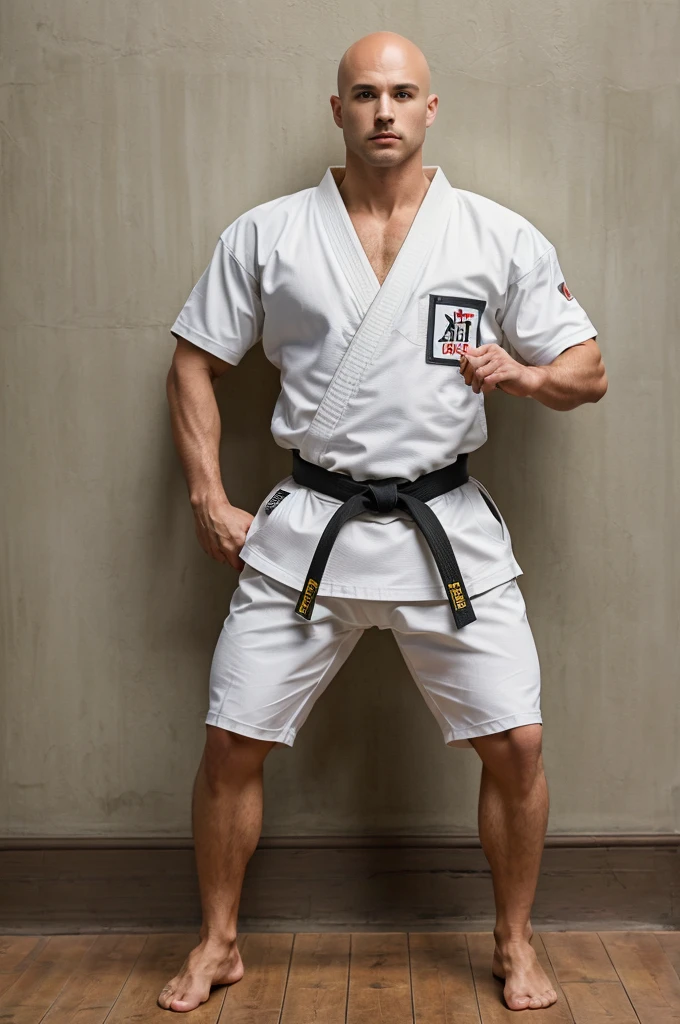((8k ((best quality)), ((masterpiece)), (very detailed), real face bald short male muscular male full body wear karate suit stand by wall
