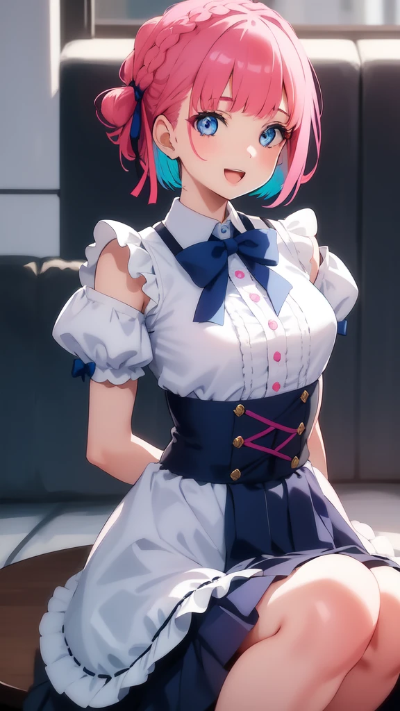 1girl, solo,  smile, short hair, open mouth, bangs, blue eyes, skirt, bow, ribbon, , blue hair, pink hair, braid, multicolored hair,  arona (blue archive), blue halo, arms behind back,, 8K, masterpiece, beautiful