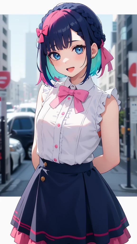 1girl, solo,  smile, short hair, open mouth, bangs, blue eyes, skirt, bow, ribbon, , blue hair, pink hair, braid, multicolored hair,  arona (blue archive), blue halo, arms behind back,, 8K, masterpiece, beautiful