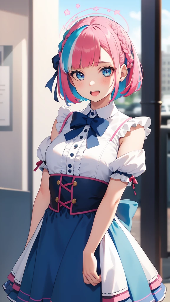 1girl, solo,  smile, short hair, open mouth, bangs, blue eyes, skirt, bow, ribbon, , blue hair, pink hair, braid, multicolored hair,  arona (blue archive), blue halo, arms behind back,, 8K, masterpiece, beautiful