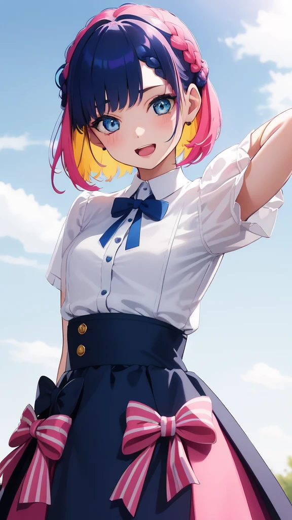 1girl, solo,  smile, short hair, open mouth, bangs, blue eyes, skirt, bow, ribbon, , blue hair, pink hair, braid, multicolored hair,  arona (blue archive), blue halo, arms behind back,, 8K, masterpiece, beautiful