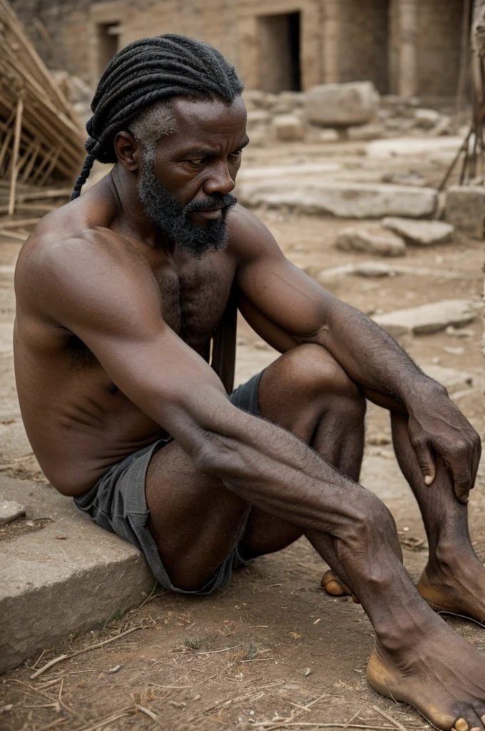 man, looking 50 years old, desolate, corn rolls, black skin, with deformity in his legs, focus on the deformed legs. Ancient setting, time before Christ.