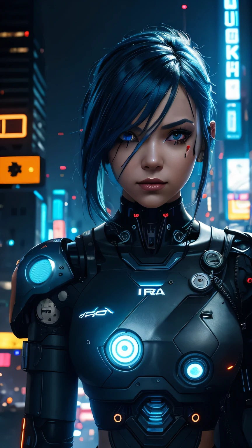 cyborg girl, robot hand, black eyes, cyberpunk city background, neon light, blue hair, masterpiece, ultra high details