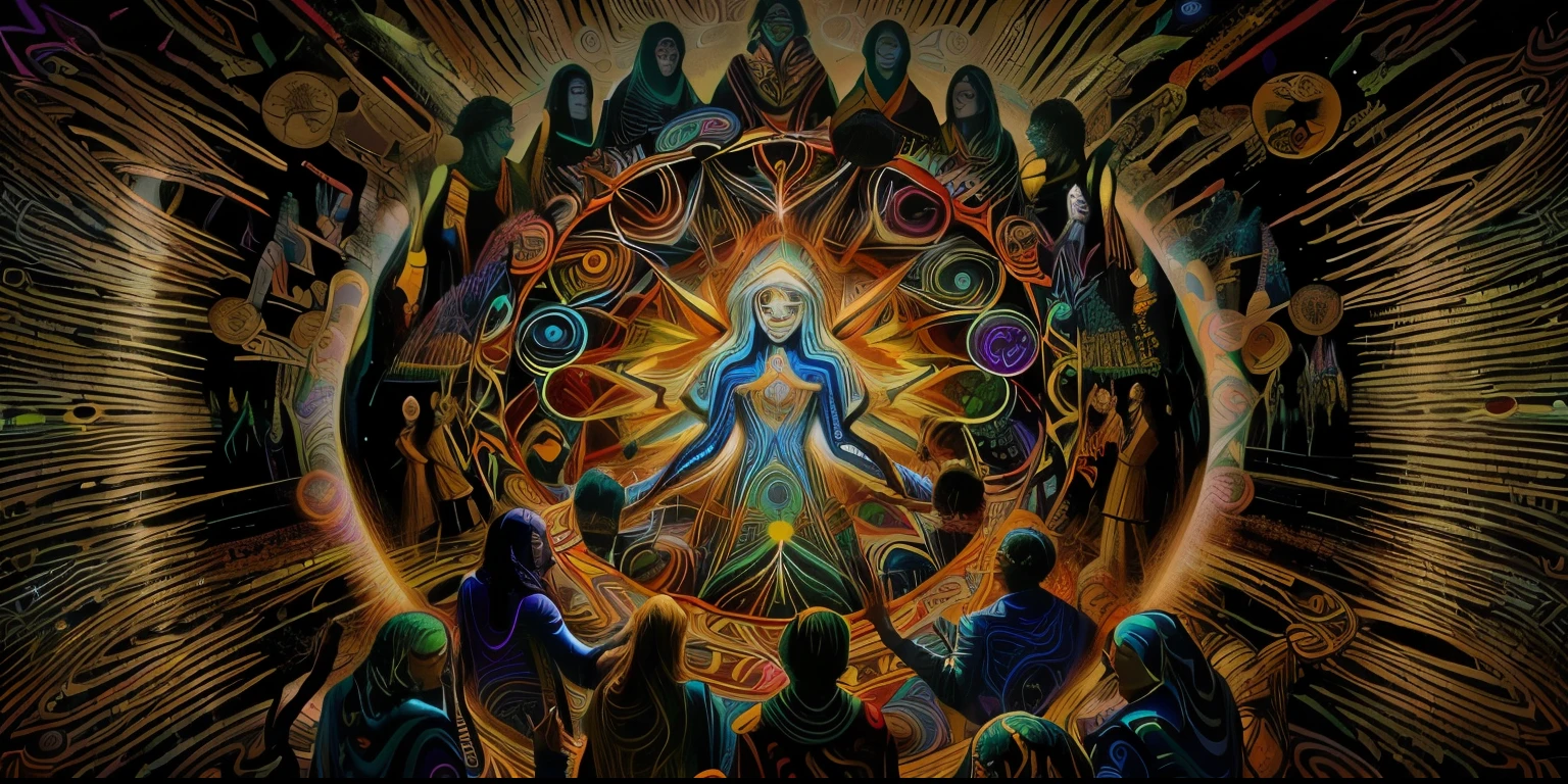 painting of a person surrounded by people in a circle, collective consciousness, dmt entities, alex grey style, dan mumford and alex grey style, dmt realm, connection rituals, consciousness projection, style of alex grey, digital illustration radiating, alex grey art, enlightenment tripping on dmt, epic shamanic dmt art, distributed consciousness