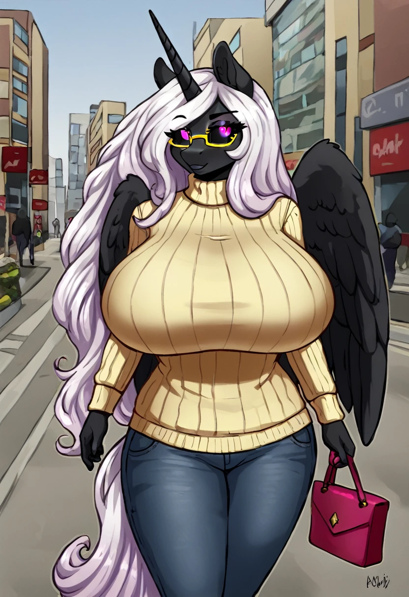Alicorn princess, white mane,black sclera ,black body color long flowing mane pink eyes anthro huge
Jeans, sexy swr walking in city ,purse, yellow glasses