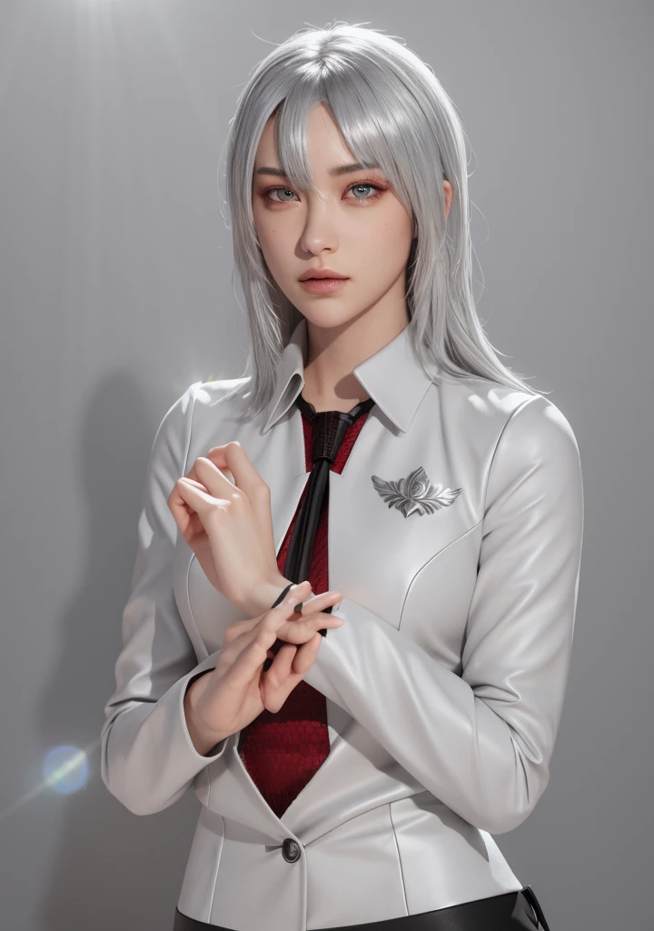 Masterpiece, Best quality, High quality, High Definition, High quality texture, High quality shadows, High detail texture, Realistic, Level Light, Side lighting, lens flare, Ray Tracing, Sharp focus,Silver hair,leader,Domineering,despise,Black Eyes,Black pupil