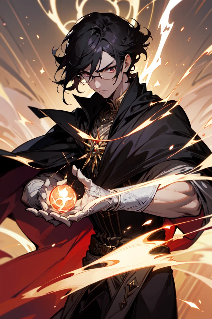 masterpiece, best quality, 1 male, young, tall muscular, handsome, finely detailed eyes, intricate details, black hair, short hair, evil face, solo, upper body, detailed dark shadow background, detailed face, good sorcerer, color magical robes, determined expression, white color scheme, dark crimson light, glowing magical runes, realistic lighting, floating particles, sparks, surrounded by gold lightning red arcane symbols, corrupted by eldritch power, bloom, glasses, gloves