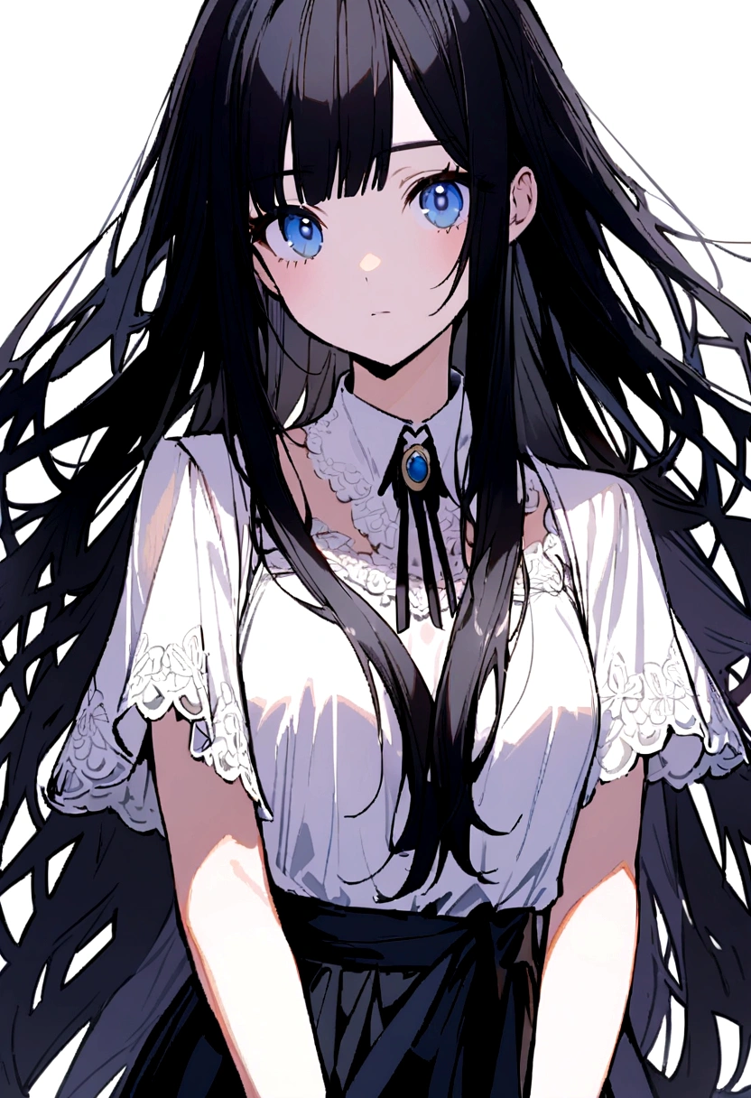 I want a 2D girl with long loose hair and black bangs, Blue eyes looking to the left side face facing camera forward white background wearing a white blouse alert