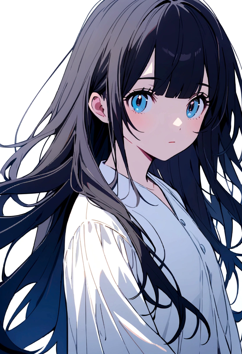 I want a 2D girl with long loose hair and black bangs, Blue eyes looking to the left side face facing camera forward white background wearing a white blouse alert