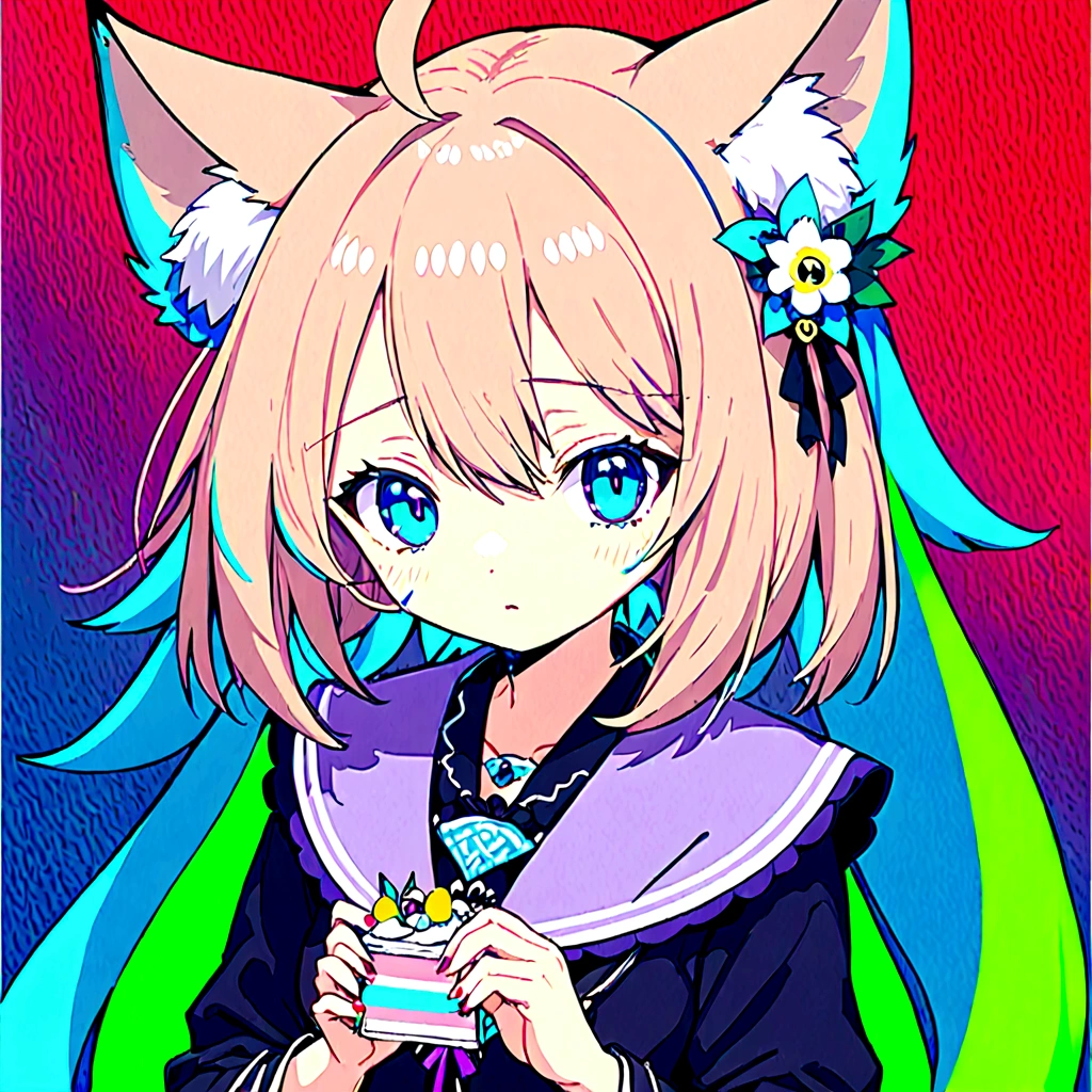 Wolf girl with ears,tail, purple eyes with a shade of red, with a background that matches the character