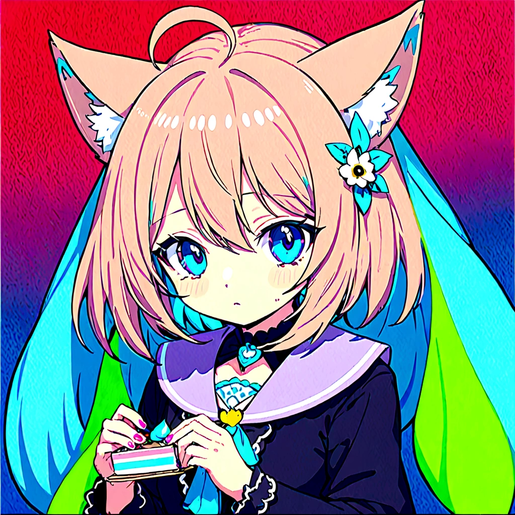 Wolf girl with ears,tail, purple eyes with a shade of red, with a background that matches the character