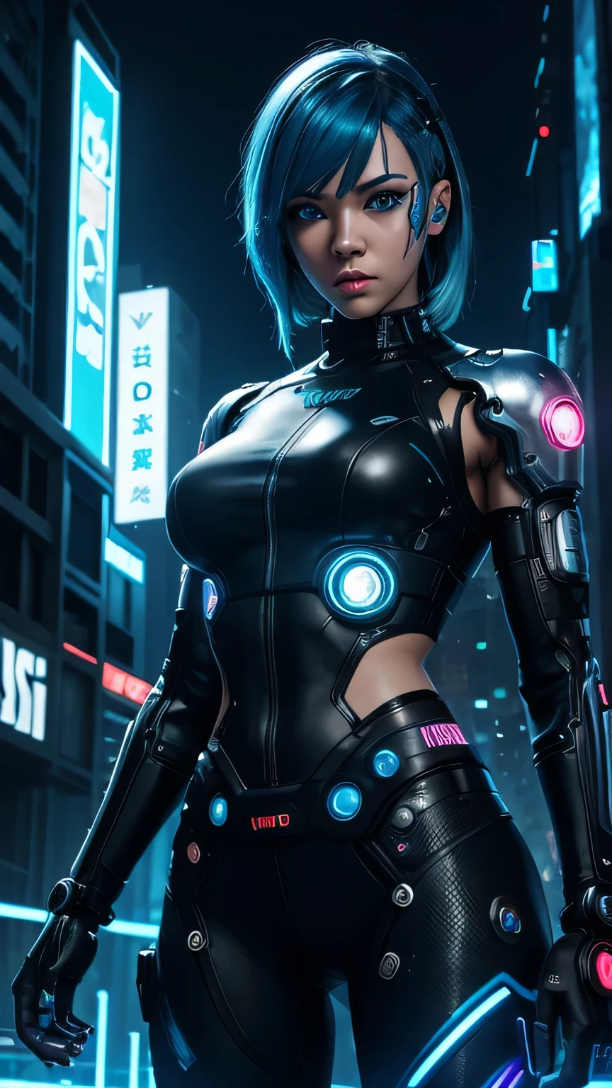 cyborg girl, robot hand, black eyes, cyberpunk city background, neon light, blue hair, masterpiece, ultra high details