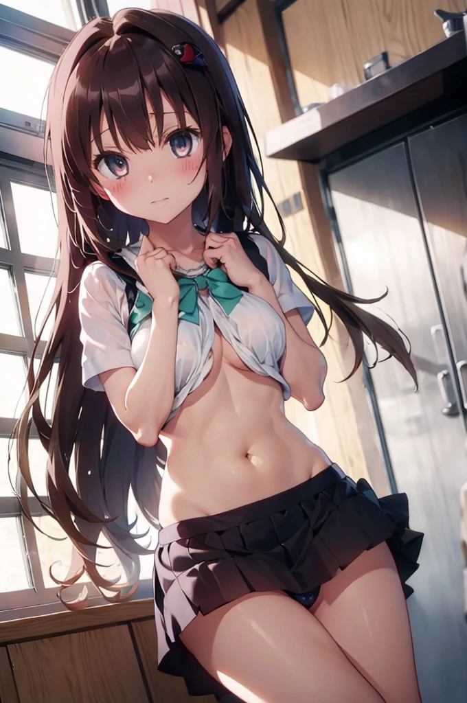 two anime characters with big undressing one another in the kitchen, yuuki mikan, konjiki no yami, multiple girls, 2girls, cameltoe, long hair, panties, underwear, blonde hair, skirt, skirt lift, clothes lift, white panties, brown hair, navel, red eyes, brown eyes, bow, , hair ornament, breasts, very long hair, blush, small breasts, bow panties