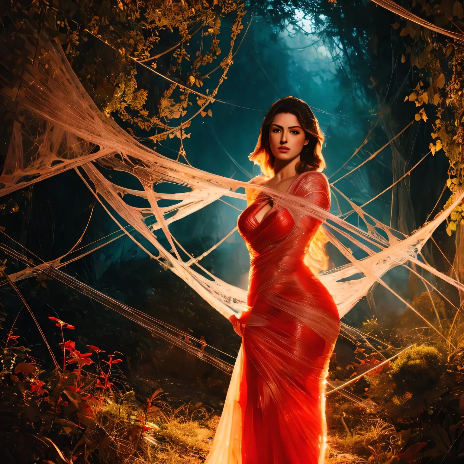 a woman in long translucent red silk dress, beautiful detailed eyes, beautiful detailed lips, extremely detailed face, longeyelashes, intricate web, dynamic pose, chiaroscuro lighting, dramatic shadows, cinematic composition, vibrant colors, magical realism