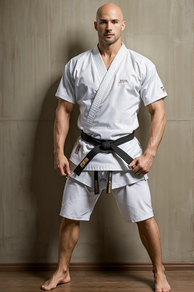 ((8k ((best quality)), ((masterpiece)), (very detailed), real face bald short male muscular male full body wear karate suit stand by wall