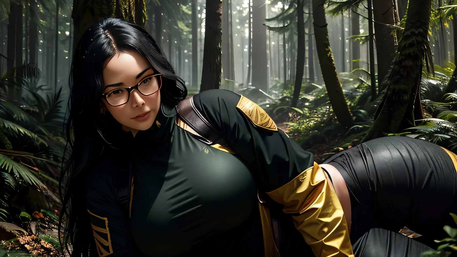 16:9, in a forest, a curvy sexy sweaty woman with survival clothing black hair and glasses looks at the viewer, half body, wears a golden mask