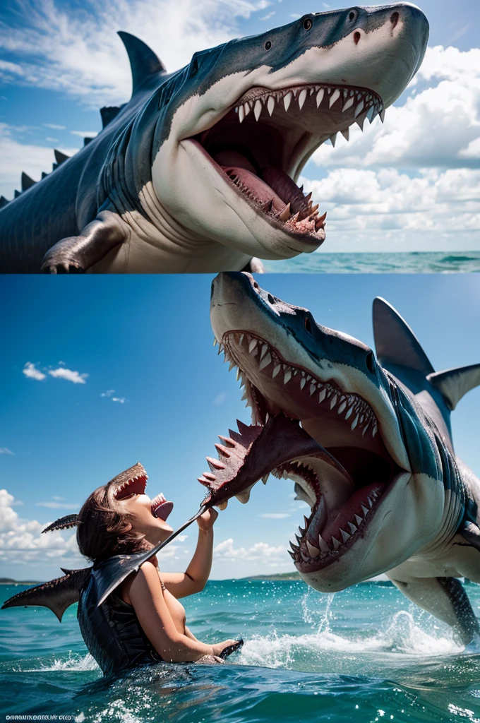 create a dinosaur eating a shark