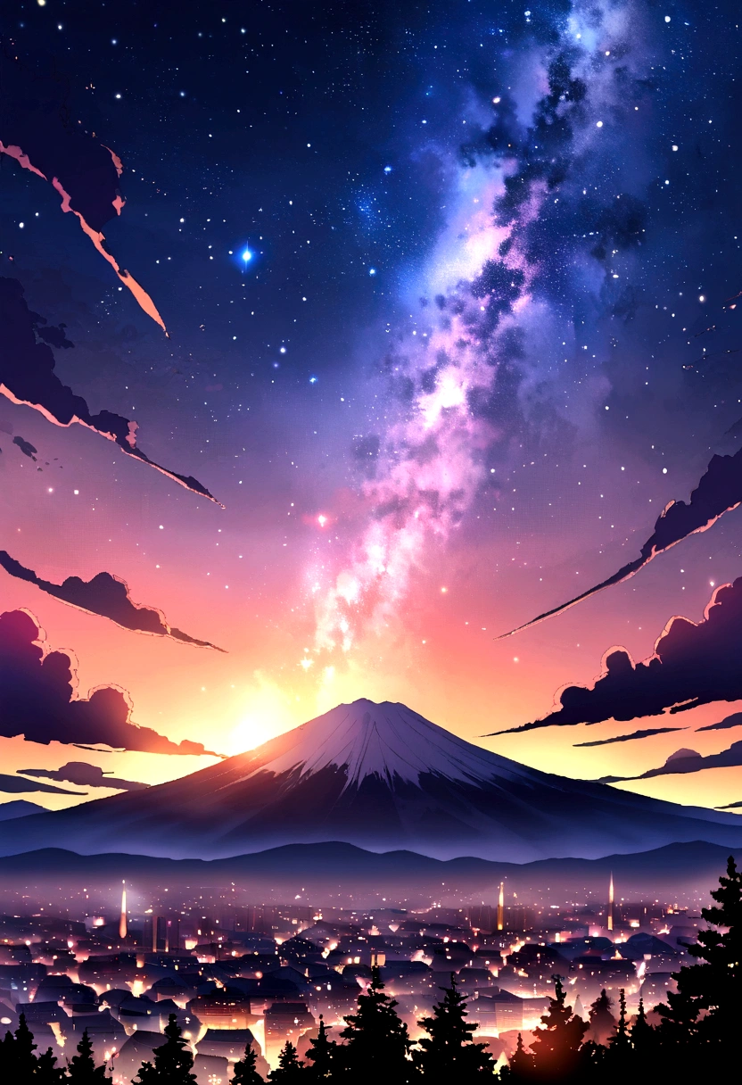 Fuji Mountain　sunset　Starry Sky　Buildings